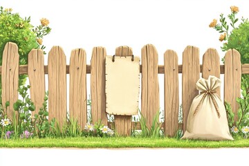 Obraz premium Beautifully Illustrated Garden Fence with Wildflowers, Sack, and Blank Sign for Custom Messages or Decorations in a Charming Nature Setting
