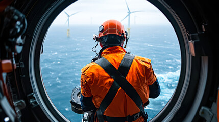Offshore wind turbine technician in orange safety gear looking out at wind turbines from vessel window, showcasing vast ocean and renewable energy landscape