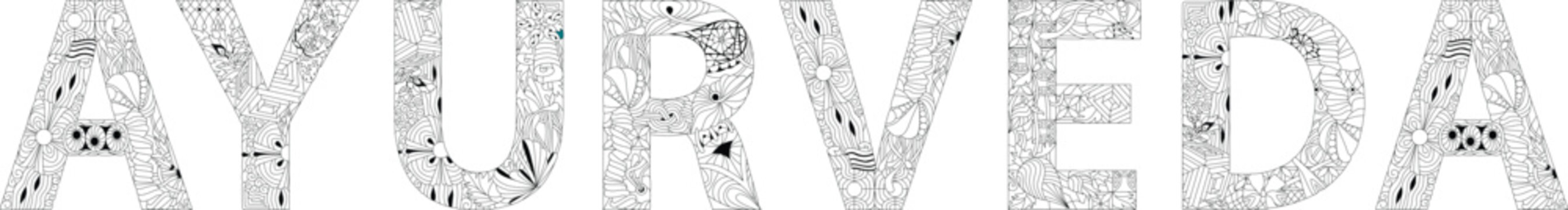 Word AYURVEDA for coloring. Vector decorative zentangle object for any purpose