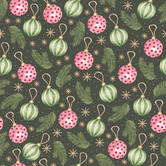 Watercolor hand drawn seamless pattern with red and green Christmas decoration elements. New year wallpaper.