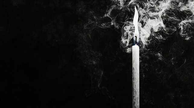 A Single White Candle Burning Slowly with Smoke Rising Against a Dark Background Creating an Ethereal and Mysterious Atmosphere of Calm and Reflection