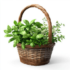 Naklejka premium basket filled with fresh herbs, showcasing vibrant green leaves and delicate flowers, perfect for culinary use or decoration