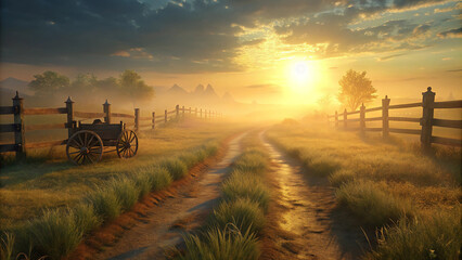 Fototapeta premium Harvest Scene in an Autumn Farm surrounded by golden fields and trees in full autumn splendor