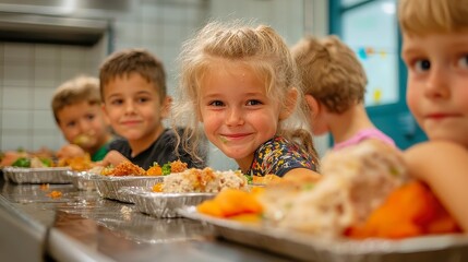 Fototapeta premium Children enjoying lunch in a lively school cafeteria, vibrant atmosphere, playful interactions, diverse meals, fostering friendships and sharing experiences during break time