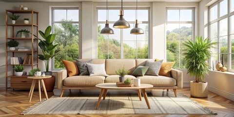 Fototapeta premium Sunlit Living Room with Beige Sofa, Three Pendant Lights, and Lush Greenery, Interior Design, Home Decor, Minimalist Living , interior design