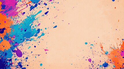 Abstract Paint Splatter Background with Orange, Blue, and Pink Hues