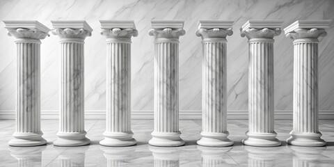Seven White Marble Columns in a Marble Room, 3D Render, 3D model, Classical Architecture, Greek Column, Marble Floor, White Marble Column