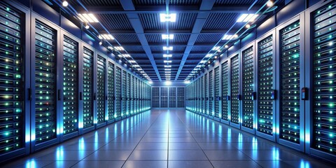 Fototapeta premium Server Room Corridor - 3D Rendered Image of a futuristic server room with glowing lights and a reflective floor. ,Data Center,Server Technology,Cloud Computing