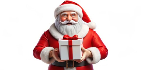 Santa Claus with a Gift, 3D render, gift box, white background, Christmas, holiday, festive