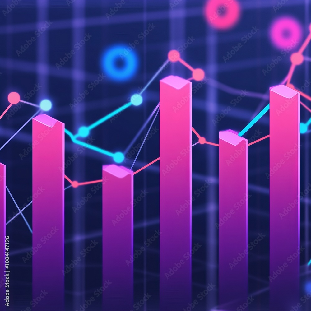 Poster abstract graph with line chart and bar chart showing growth and success.