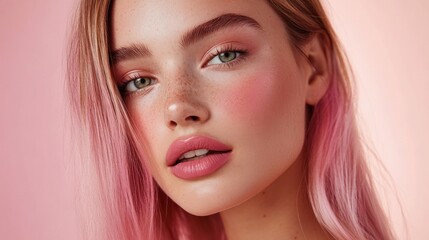 Naklejka premium In this beauty shot, a model with sleek, straight hair adorned with pink streaks poses in front of a pale pink background