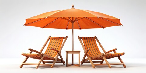 Orange Beach Umbrella with Two Lounge Chairs and a Table, Beach chairs, relaxing, summer vacation