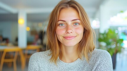 Fototapeta premium Young woman in a job interview, poised and confident, engaging in conversation, dressed professionally, bright office environment, focused expressions, anticipation in the air