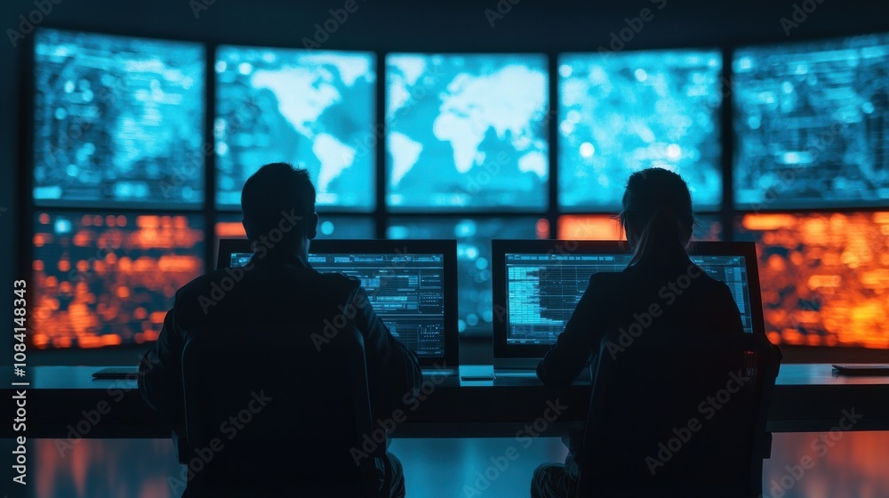 Poster cybersecurity monitoring event control room digital display content high-tech environment profession