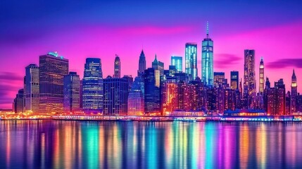 Fototapeta premium Manhattan iconic skyline at dusk, with towering skyscrapers reflecting on the river under a colorful sunset. The city lights begin to twinkle, embodying the heart of New York nightlife.