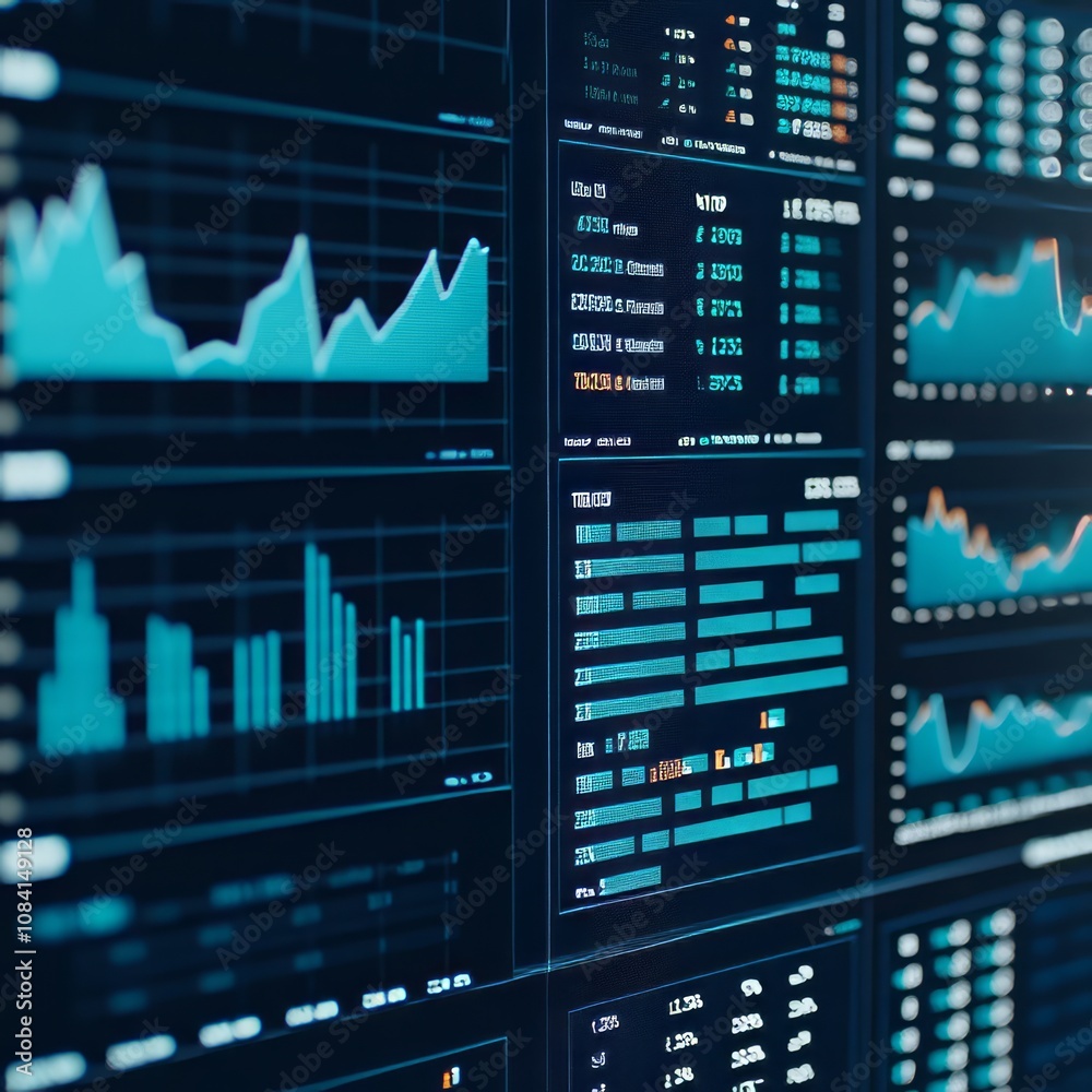 Poster close-up of a computer screen displaying multiple graphs and data tables, likely related to financia