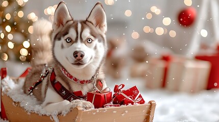 Adorable Husky Dog Sitting in Wooden Sleigh Surrounded by Christmas Gifts and Festive Decorations in Cozy Winter Setting with Snowflakes Falling