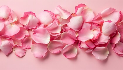 Fototapeta premium Pink rose petals on pink background. Flat lay, top view