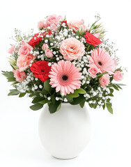 Obraz premium beautiful arrangement of pink gerbera daisies, red roses, and white fillers in white vase, perfect for brightening any space and evoking joy