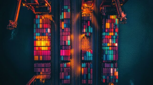 Shipping containers in bold, bright colors stacked neatly at a busy international port, with cranes lifting them onto large cargo ships