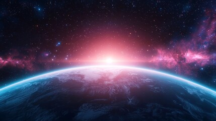 Obraz premium Earth from Above, a breathtaking perspective showcasing the vibrant blue planet surrounded by swirling gas, colorful nebulae, and distant stars in the vast cosmos.