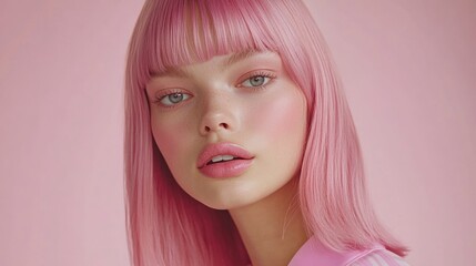 Naklejka premium Studio shot of a model with sleek, straight hair featuring soft pink stripes, set against a pale pink background