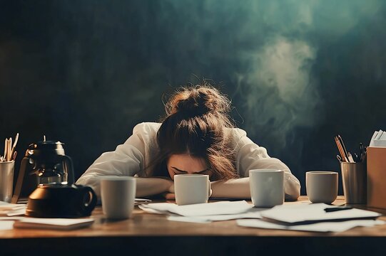 Overwhelmed woman with head down on desk surrounded by paperwork and empty coffee cups in a dimly lit office reflecting stress and exhaustion from work