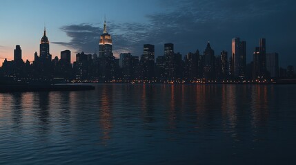 Obraz premium The Manhattan skyline at dusk over the river, with skyscrapers shining against a deepening blue sky. The calm water mirrors the lights, capturing the dynamic beauty of New York City at twilight.