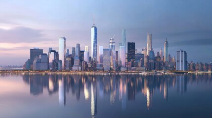 Fototapeta premium The New York Manhattan skyline at dusk, with modern towers illuminated as the sky fades into night. The river reflections capture the iconic beauty of the cityscape.
