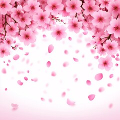 Pink cherry blossoms falling from a branch on a white background.