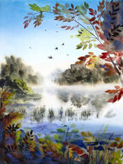 Watercolor misty lake landscape. Hand-painted watercolor morning lake. Lake painting.