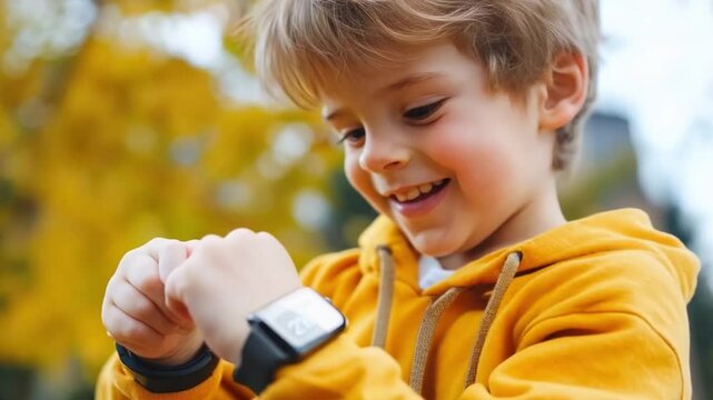 Happy boy checks time on his smartwatch in a sunny park, surrounded by autumn leaves. His playful nature shines as he enjoys the modern gadget