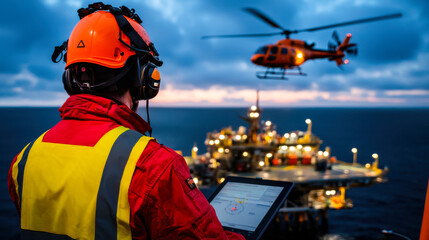 Offshore technician monitors helicopter operations at sunset, ensuring safety and efficiency. vibrant colors of sky enhance dramatic scene