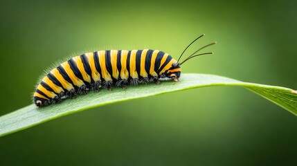 Naklejka premium A clear photo of a caterpillar resting on a green leaf