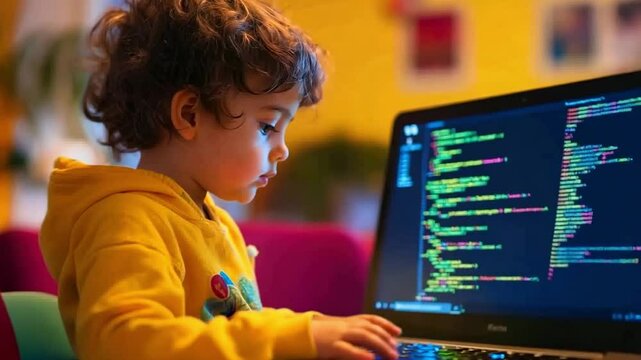 Young boy is learning to code using a laptop at a desk in a home interior. The image evokes concepts such as childhood, technology, and the future of computer programming