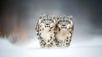 Obraz premium Two snow leopards strolling amidst snowy grass and a hazy backdrop of snowfall