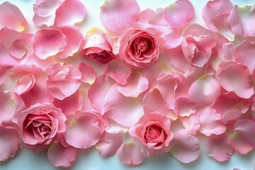 Fototapeta premium A beautiful arrangement of pink rose petals and blooms on a soft surface in natural lighting