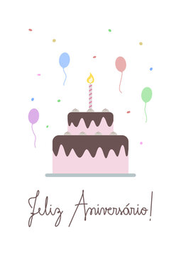 Vetor de bolo de anivers&aacute;rio com bal&otilde;es e confetes