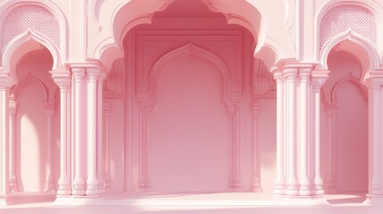 Elegant pink architectural space with arches and columns.