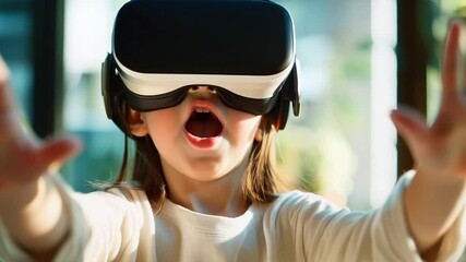 Young girl is immersed in a virtual reality experience, reaching out to touch planets projected in the air around her. She is captivated by the immersive technology