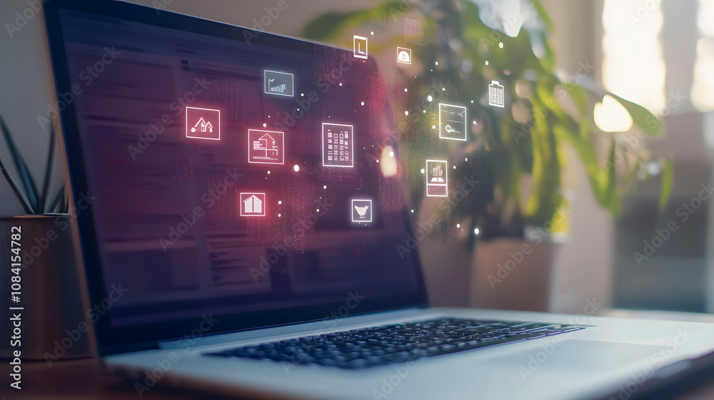 Poster digital interface on laptop screen with floating icons representing modern technology and data visua