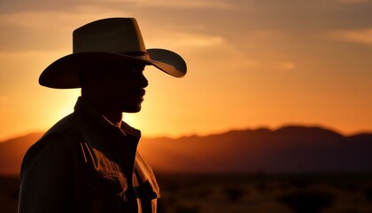 A silhouette of a cowboy or a cowgirl during sunset; a farm rancher wearing a western cowboy hat against the orange sunset background; beautiful scene of a cowboy or cowgirl's side profile with sunset