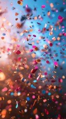 Fototapeta premium Colorful confetti falling against a blurred background during a festive celebration atmosphere