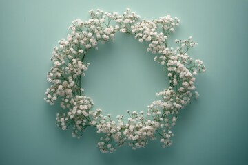 Obraz premium White flowers arranged in an oval shape on a light blue background for decoration
