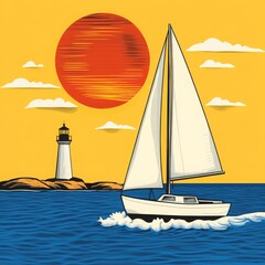 Naklejka premium Vintage Sailing Trip Poster with Sunset and Lighthouse