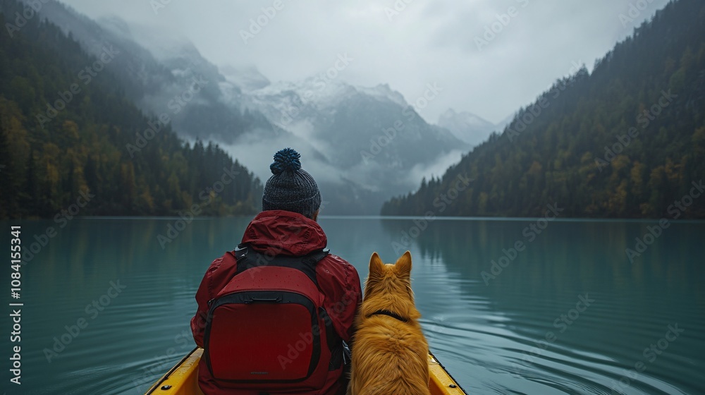 Poster adventurous dog in a kayak sitting with owner as they paddle across a serene lake showcasing outdoor