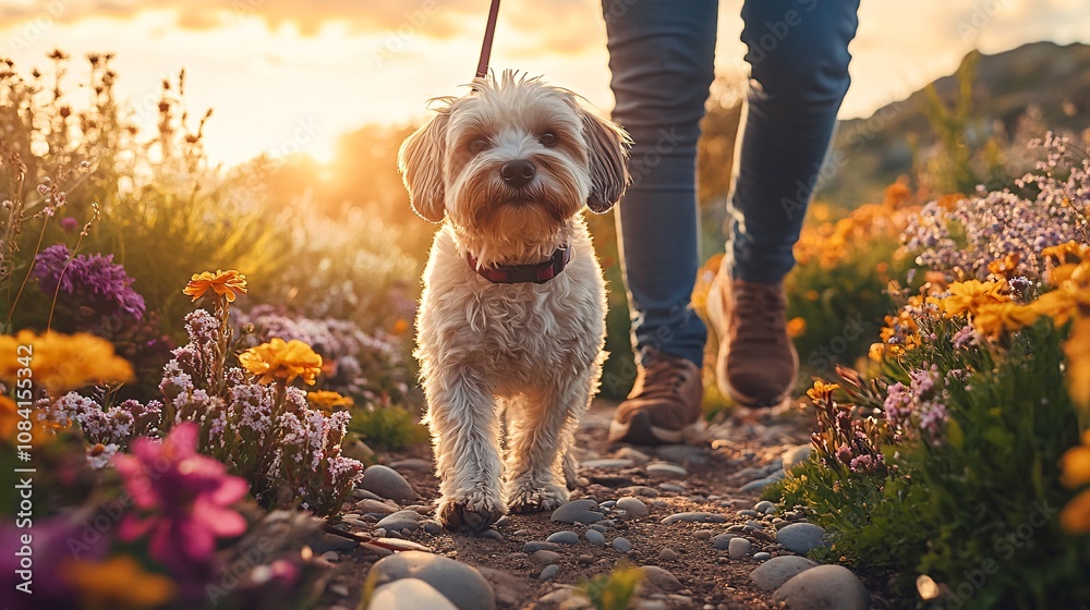 Poster small dog on a leash exploring a flower-filled park with owner walking alongside capturing pet touri