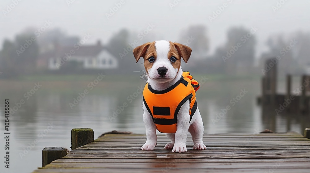 Poster puppy wearing a tiny life jacket on a boat dock ready for a water adventure with owner preparing for