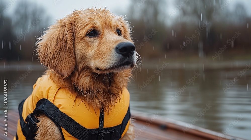 Poster puppy wearing a tiny life jacket on a boat dock ready for a water adventure with owner preparing for