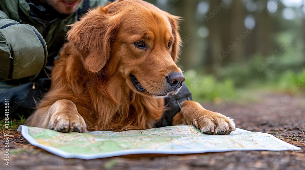 Poster golden retriever with paws on a map placed on the ground as owner plans hiking route for a pet trave